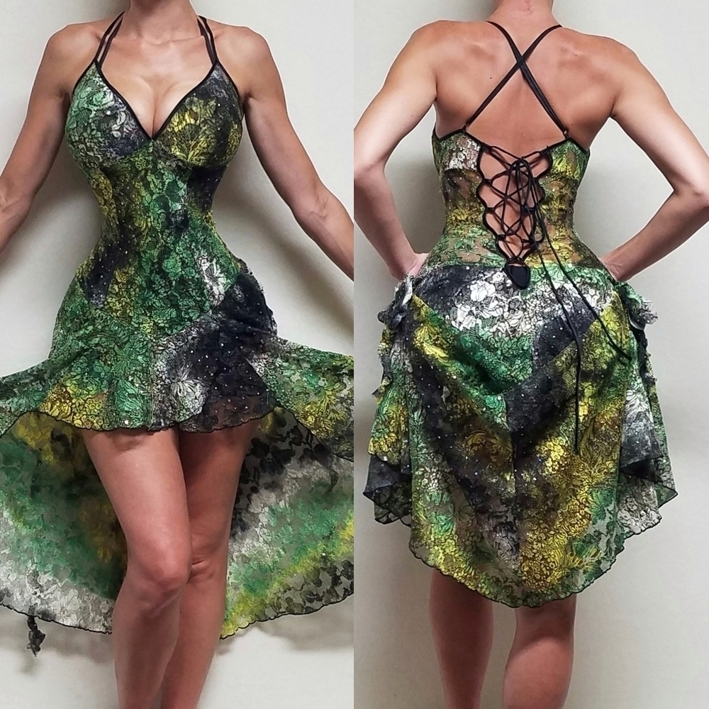 80s Rare Vintage Surprise Parties Green Tie-Dye Sheer Lace Lace-up Bustle Dress